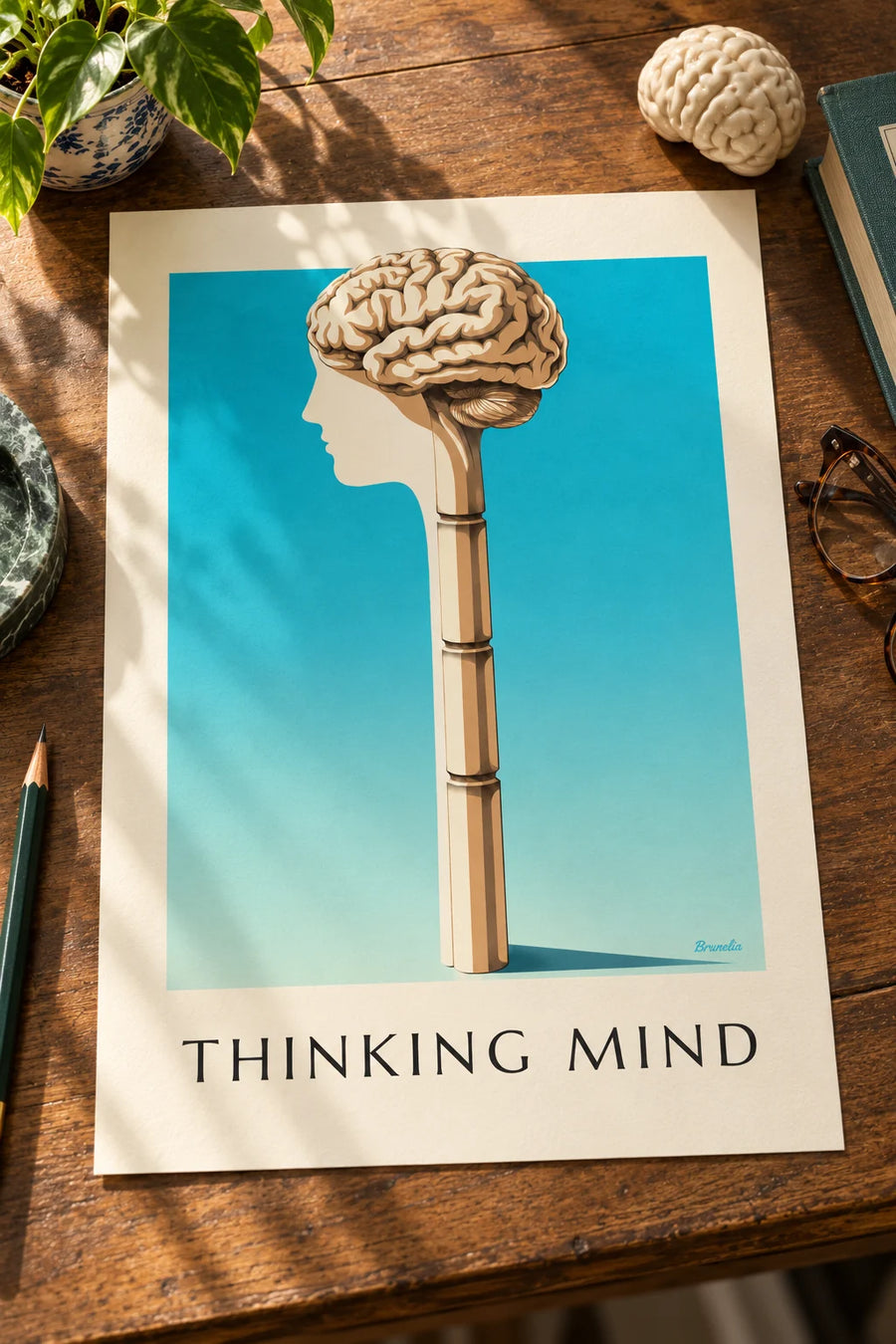 Anatomical plate of the human brain in profile poster: placed on a table