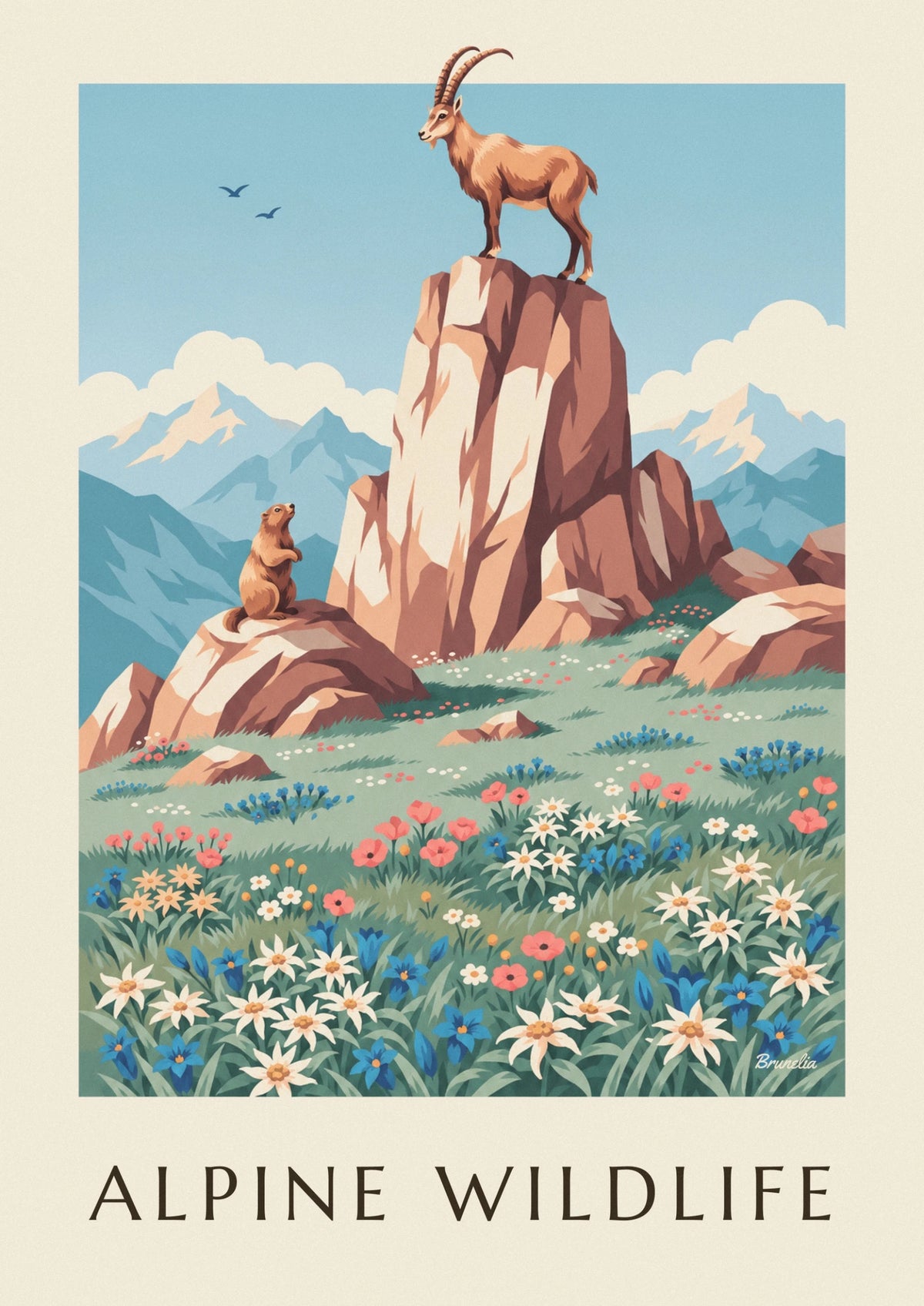 Alps wildlife and flora with ibex, marmot and edelweiss poster