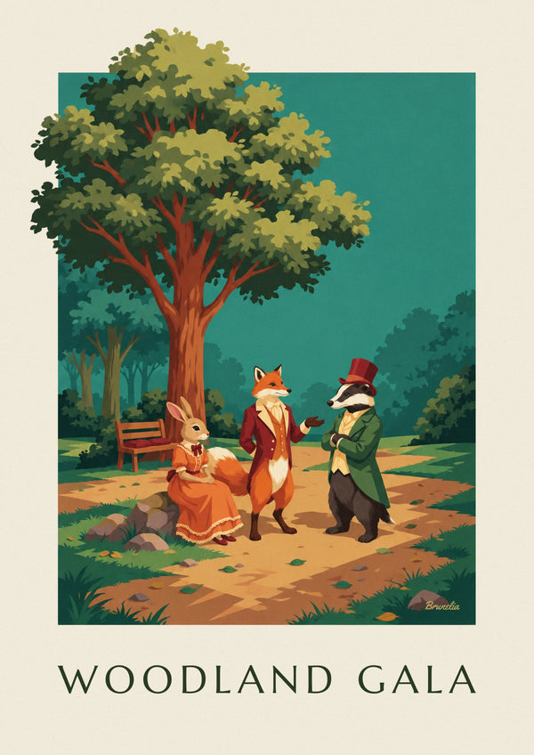 Affiche animaux de la forêt en costume dans une clairière