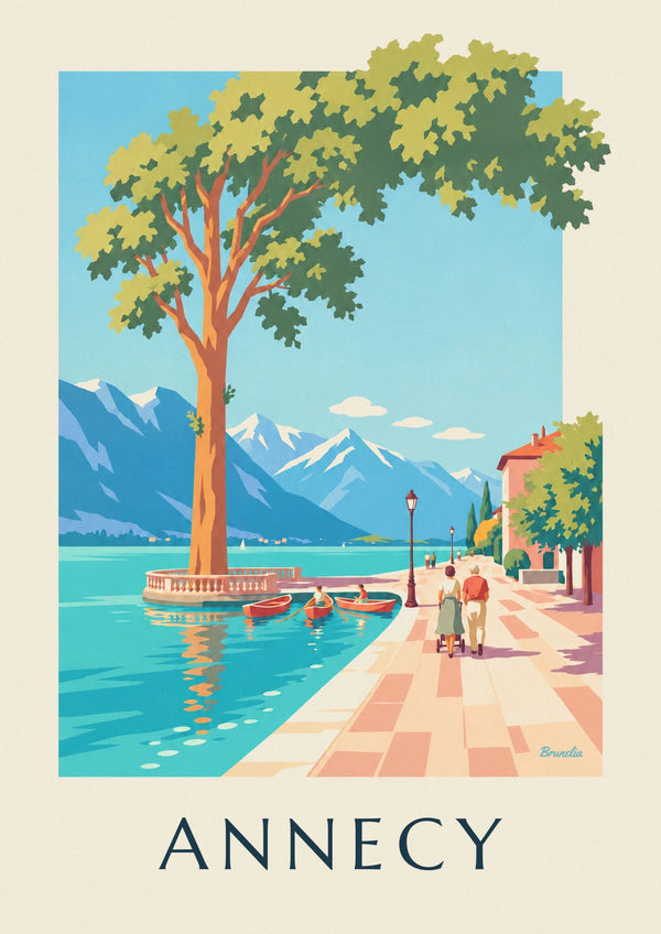 Annecy lakeside promenade under plane trees poster