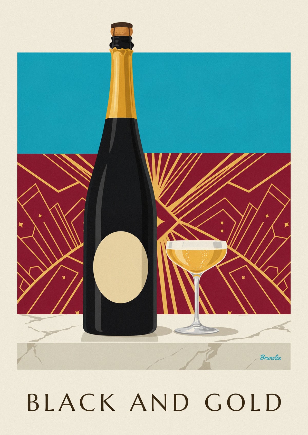 Affiche bouteille de champagne brut noir et or