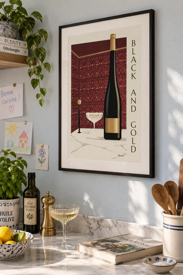 Black and gold brut champagne bottle poster: framed on the wall