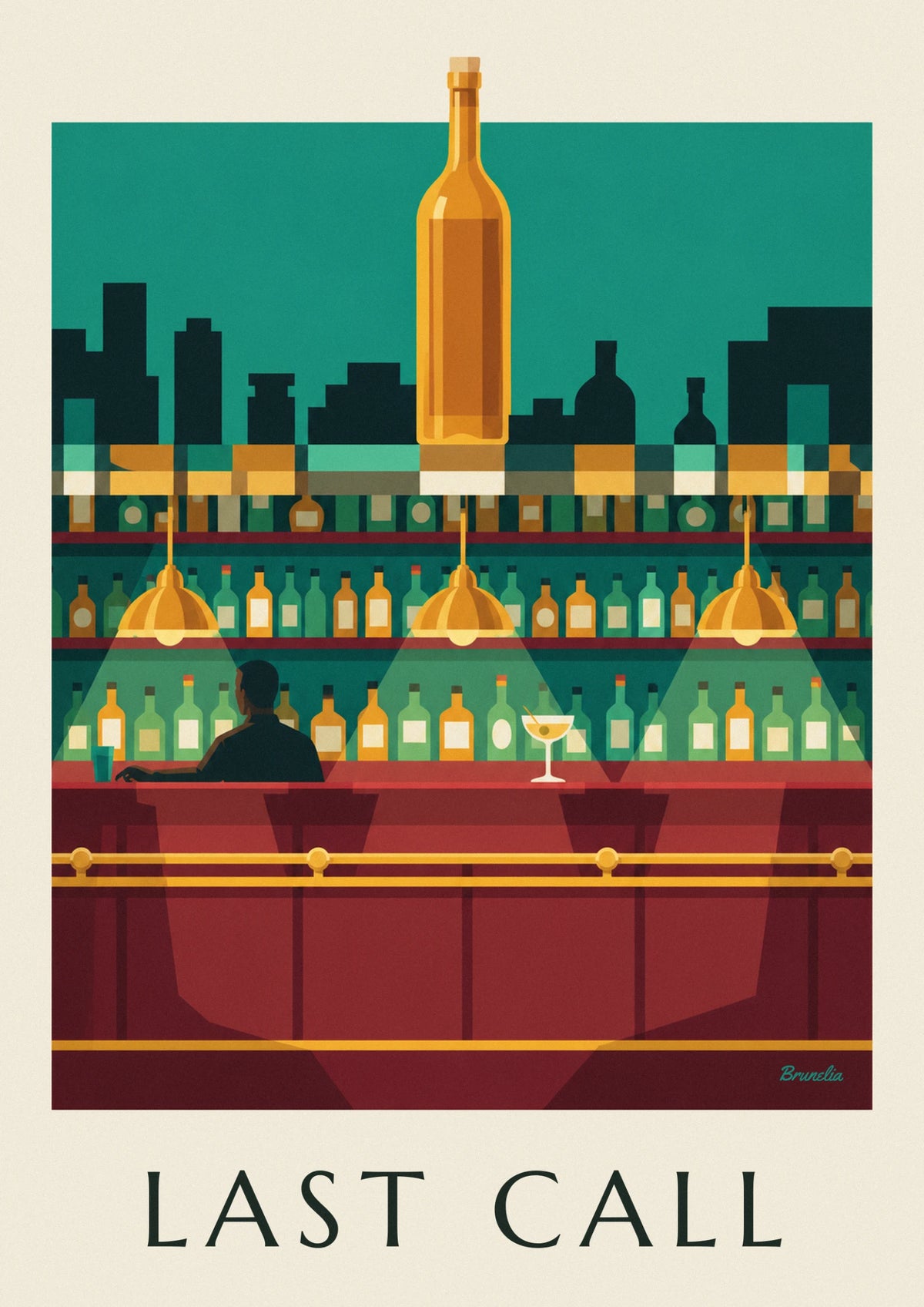 Affiche comptoir de bar et bouteilles alignées sous les lampes