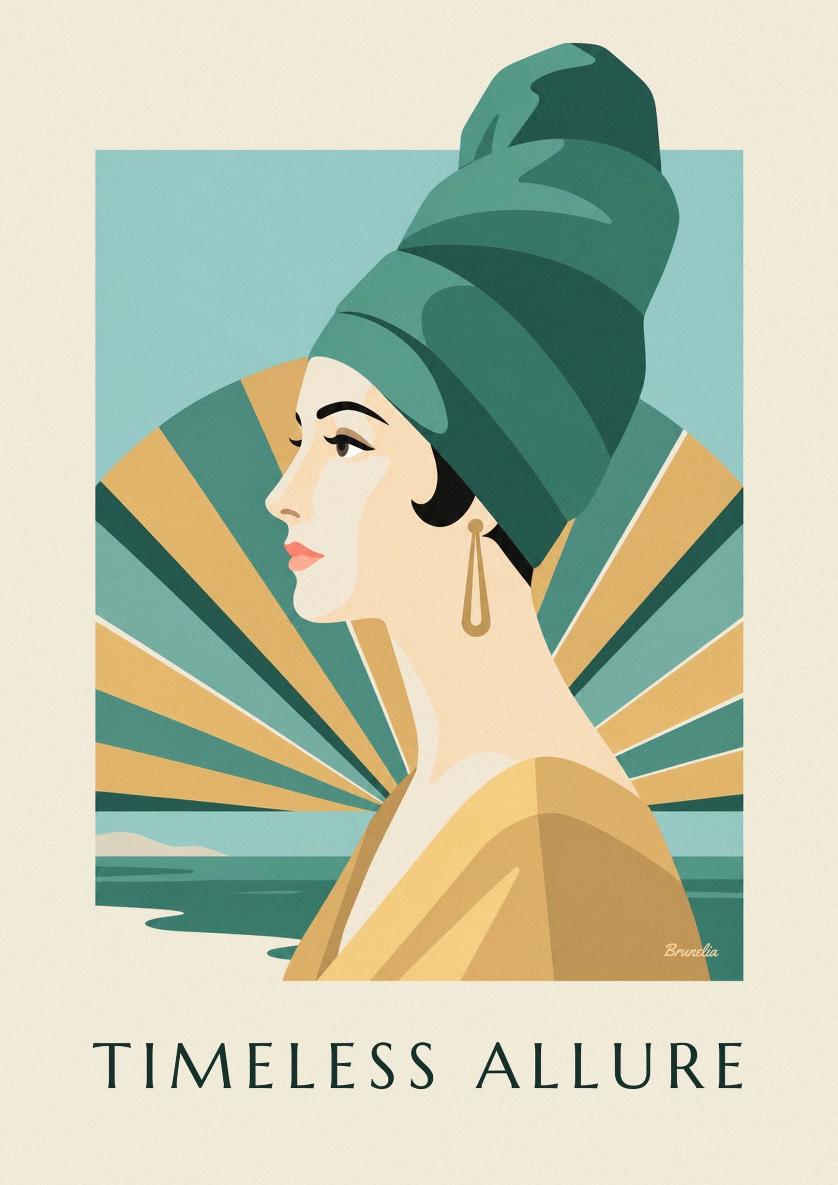 A face in profile with coral lips, framed by a green turban and black hair