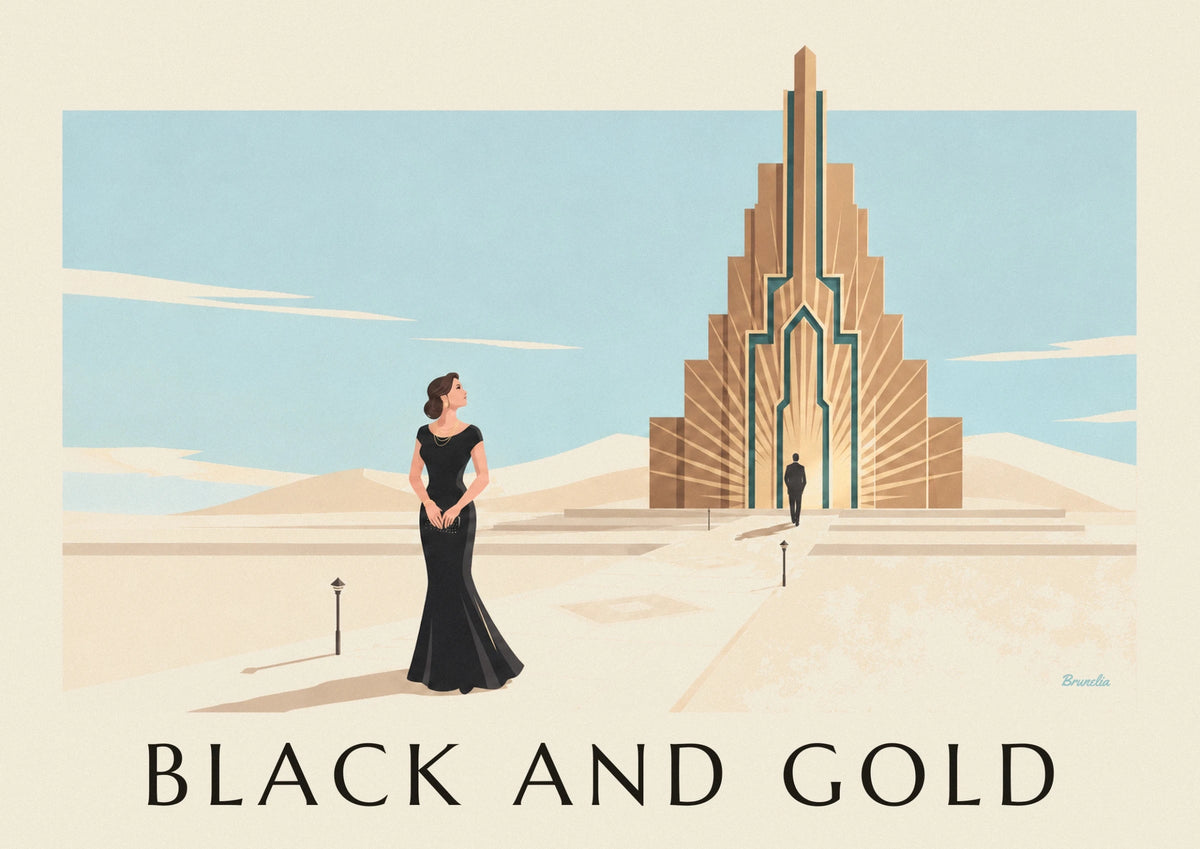 Glamorous woman in black dress and gold jewelry poster