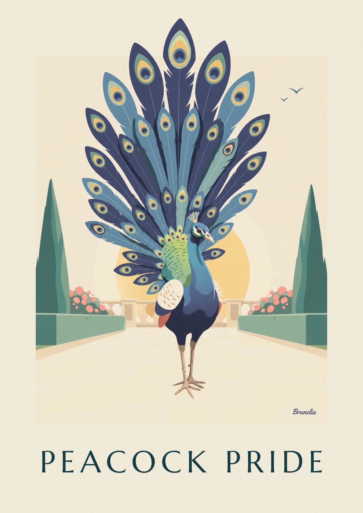 Peacock displaying its tail under a golden sun poster