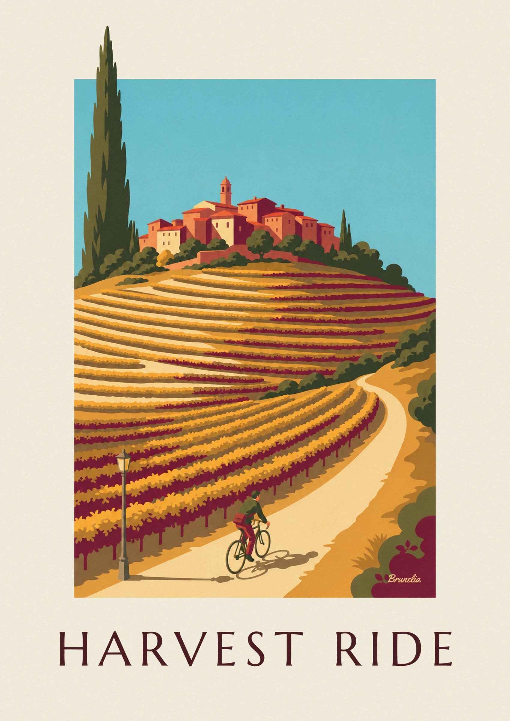 The village with orange tiled roofs and its bell tower perched above the golden vineyards