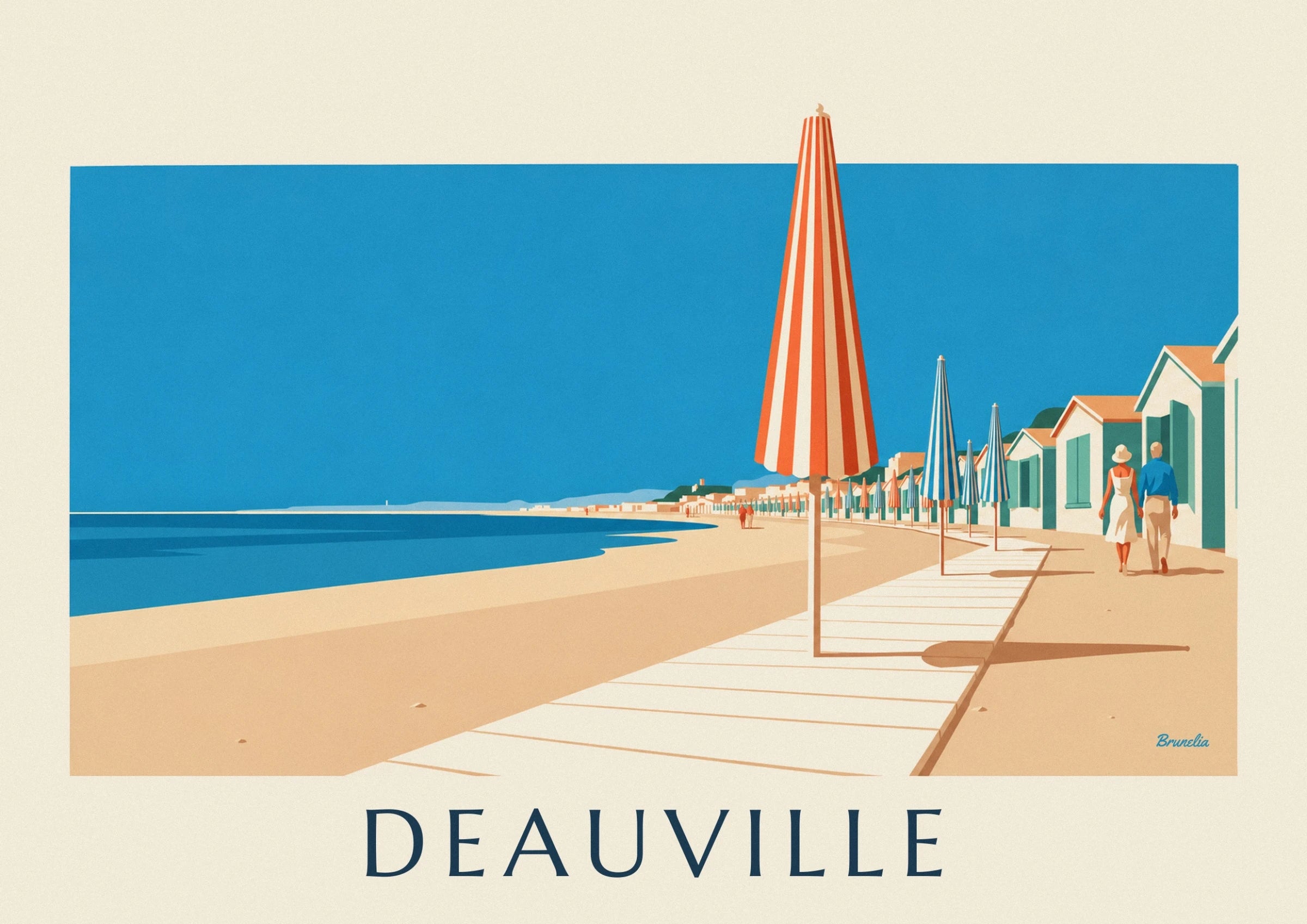 The large orange and cream striped parasol in front of the blue parasols and the Deauville boardwalk