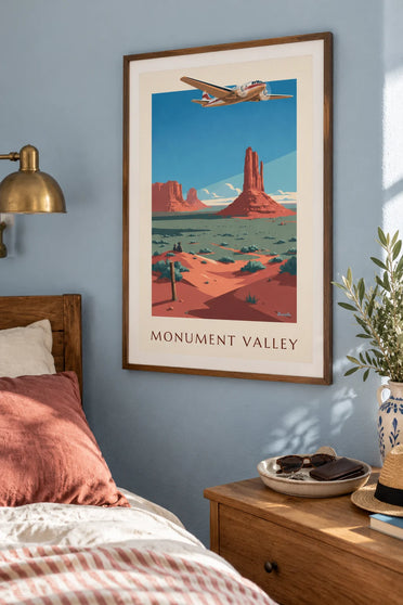 Affiche avion de ligne bimoteur au-dessus de Monument Valley : encadrée au mur
