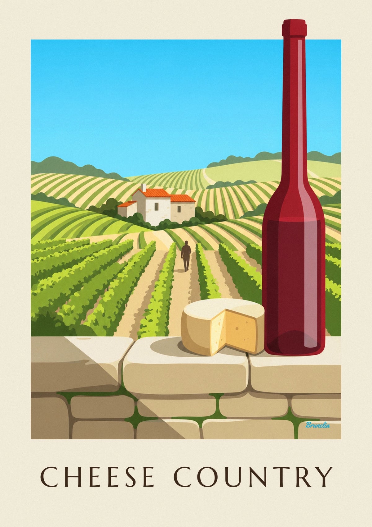 Farmhouse cheese and red wine before the vineyards poster