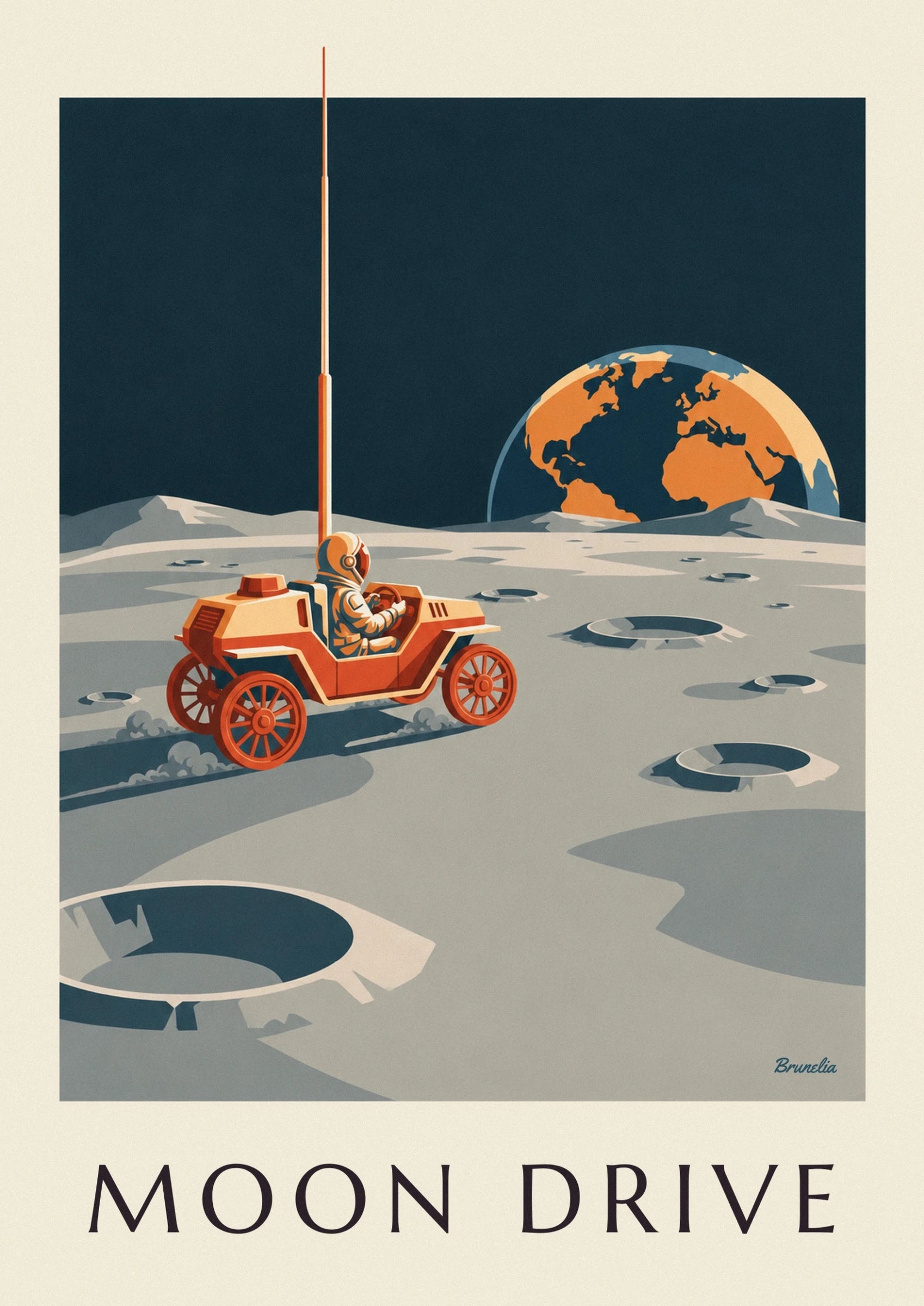 Affiche rover lunaire roulant entre les cratères de la Lune : détail en gros plan