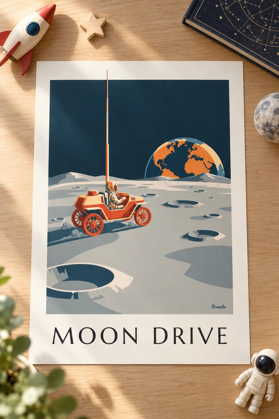 Affiche rover lunaire roulant entre les cratères de la Lune : posée sur une table