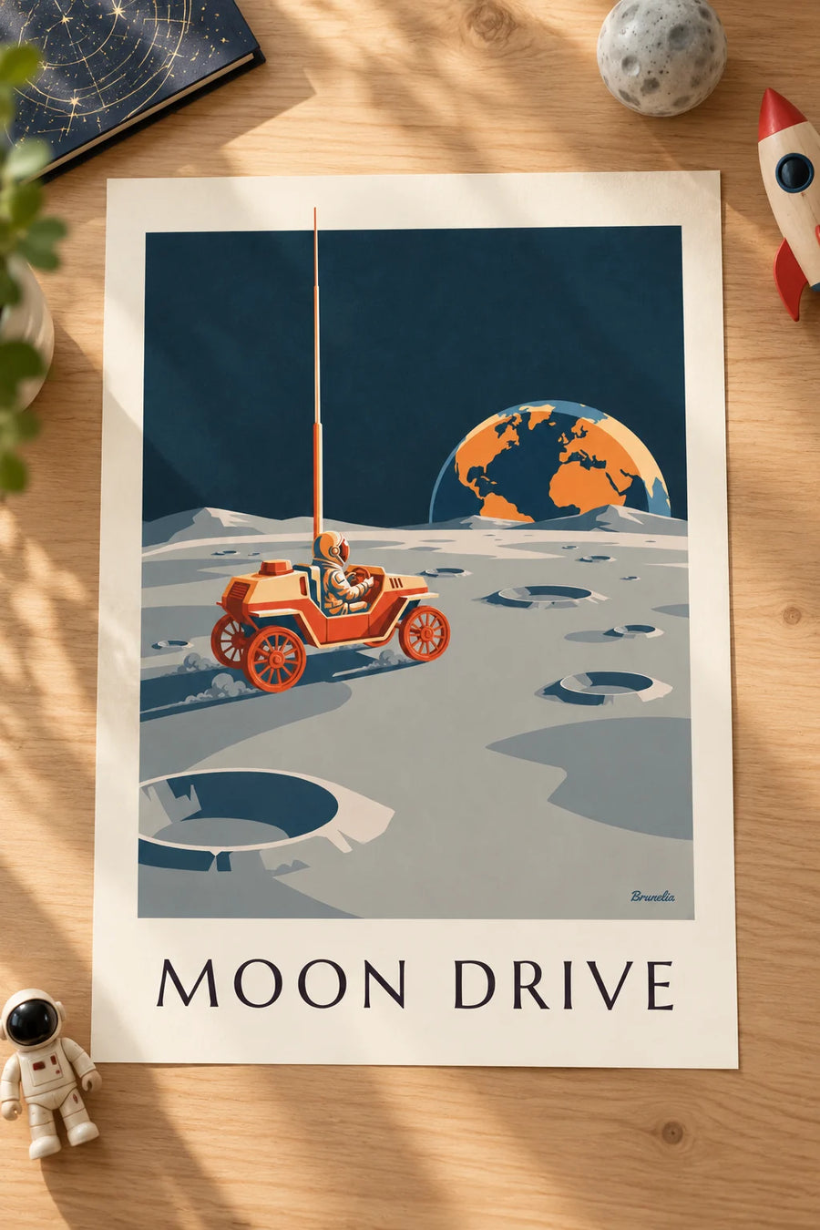 Affiche rover lunaire roulant entre les cratères de la Lune : petit format A4 encadré
