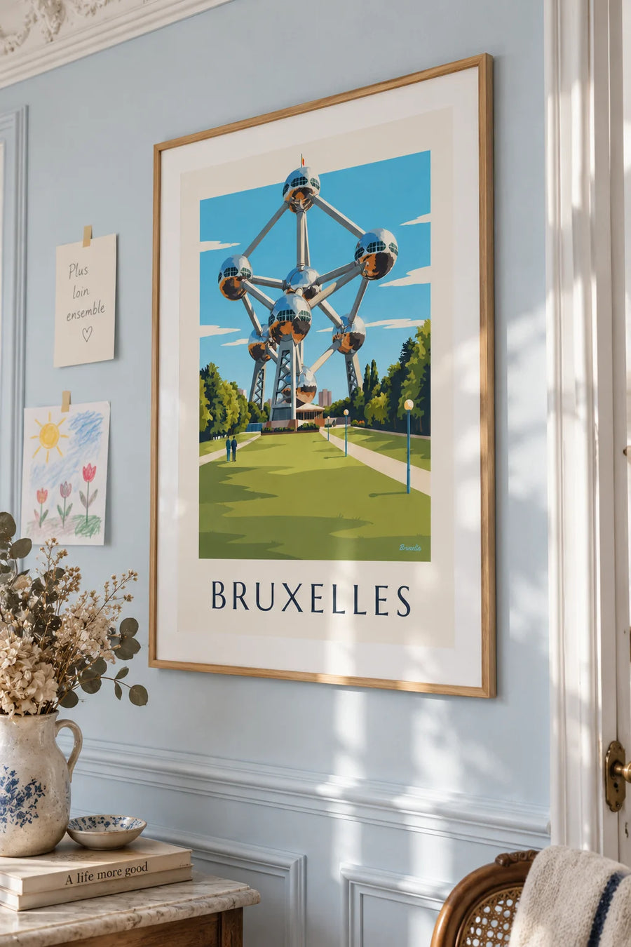 Poster of the Atomium in Brussels and park lawns: framed on the wall