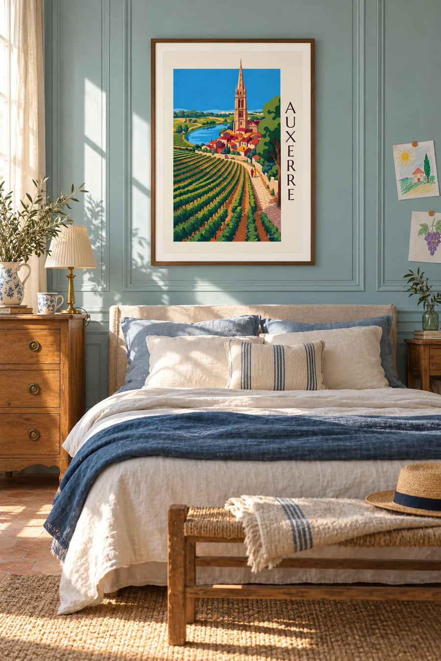 Poster of the Auxerre vineyards and cathedral on the banks of the Yonne: framed on the wall