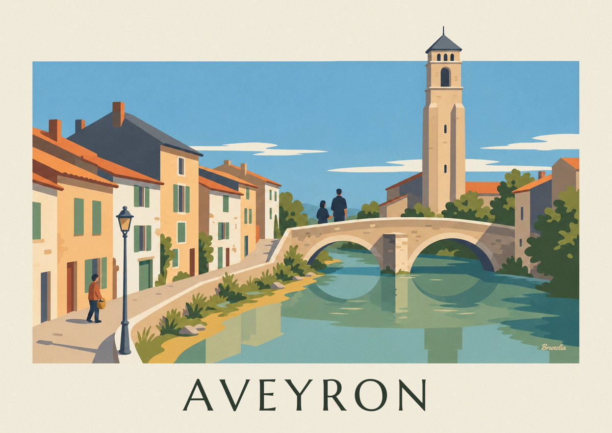 Affiche maisons en pierre au bord de la rivière Aveyron
