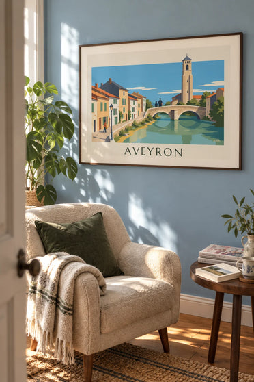 Stone houses on the banks of the Aveyron River poster: framed on the wall