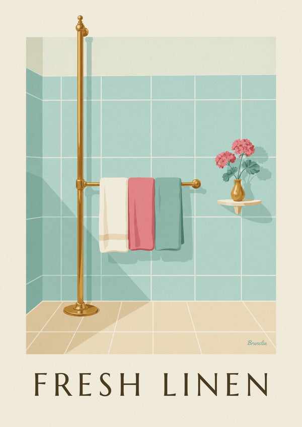 Folded towels on a brass towel rail poster