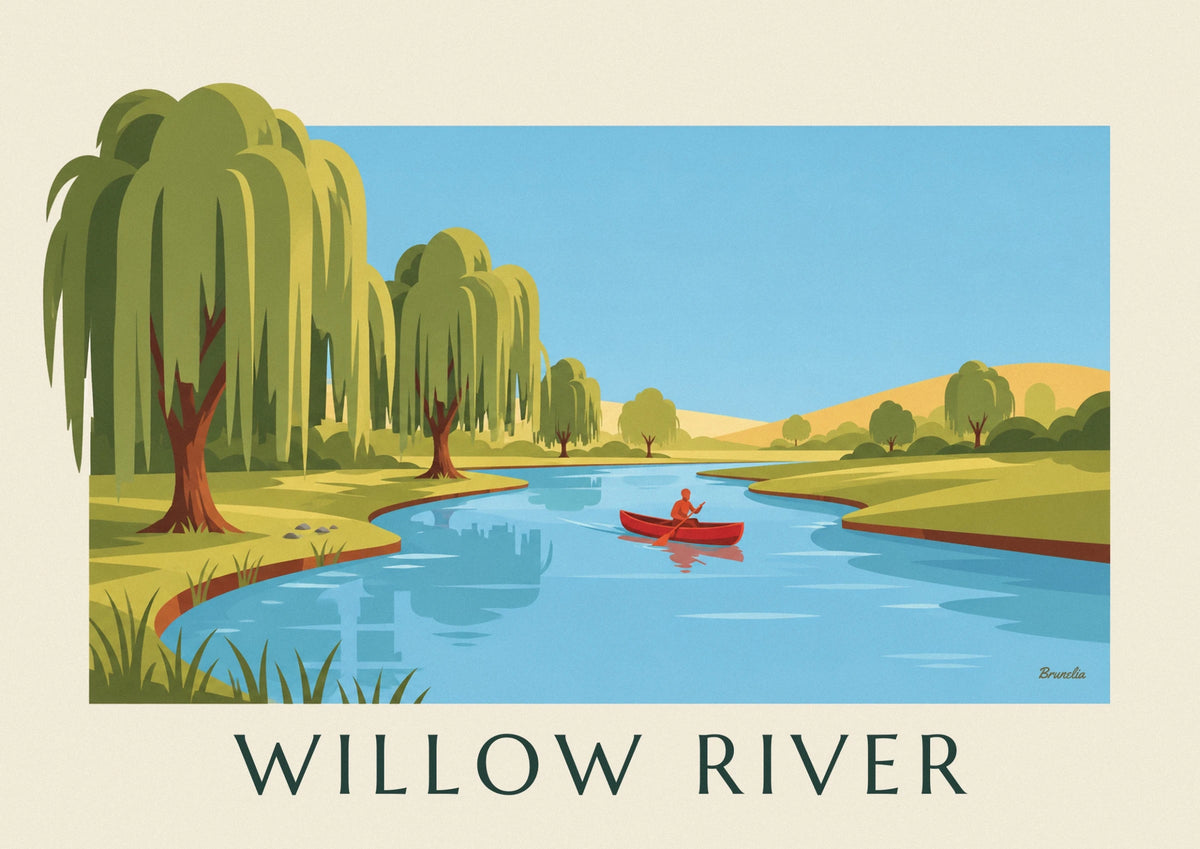 Canoe on a river lined with weeping willows poster