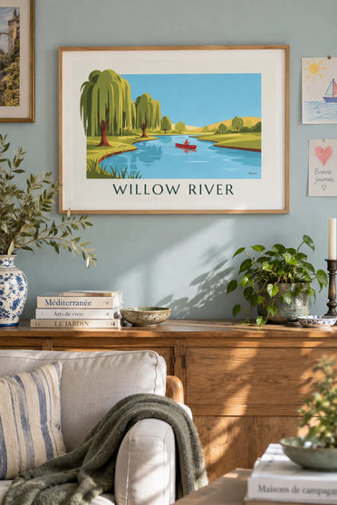 Poster of a canoe on a river lined with weeping willows: framed on the wall