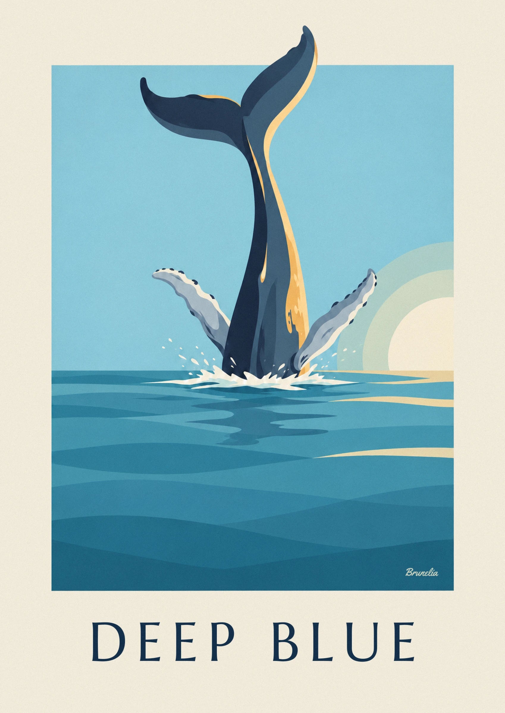 The whale’s raised tail, dark blue and edged in gold against a turquoise background