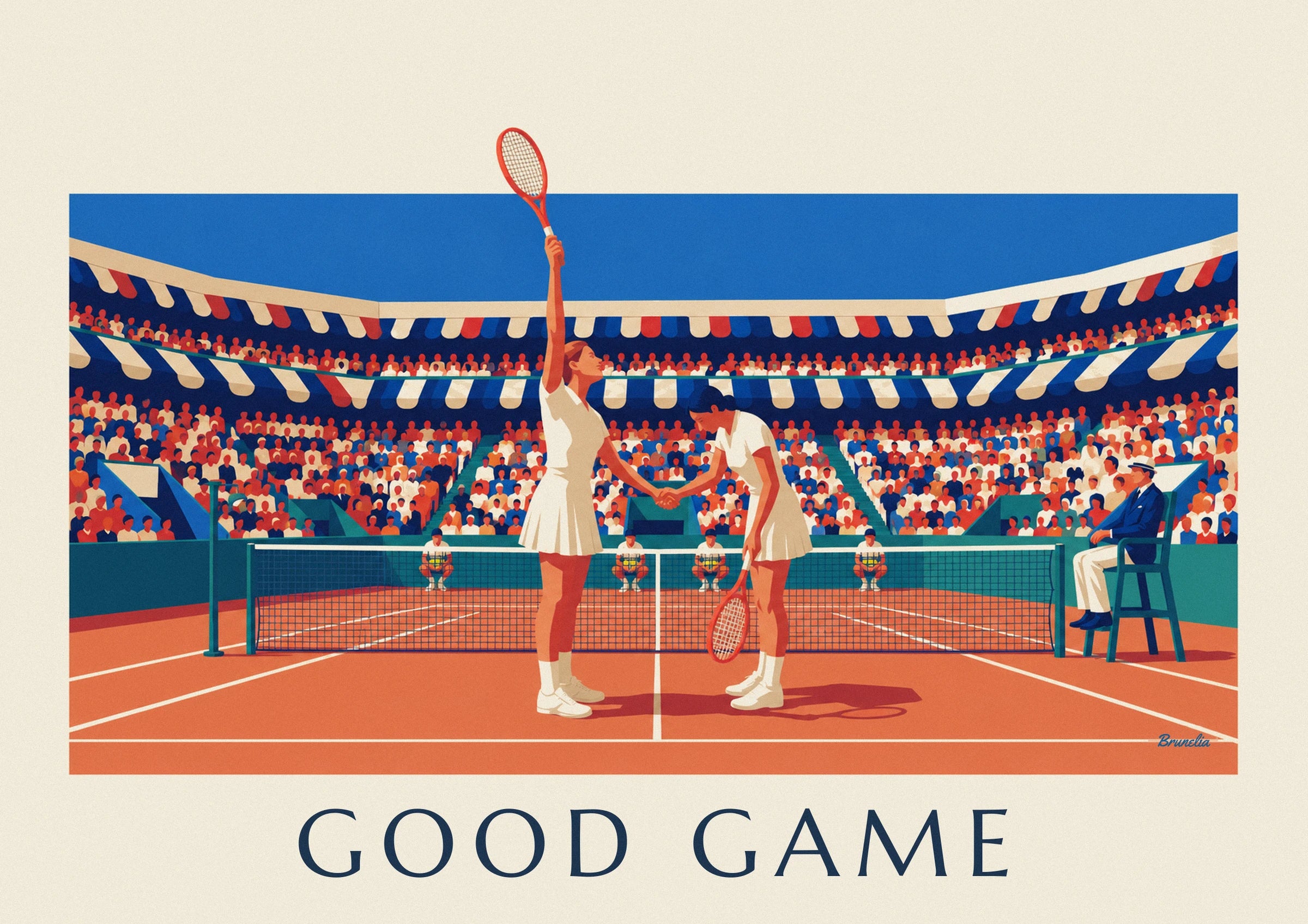The two players in white shaking hands at the net on the clay court