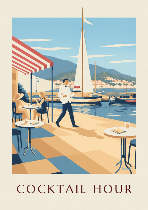 Waiter and aperitifs on a harbor terrace poster: the full poster