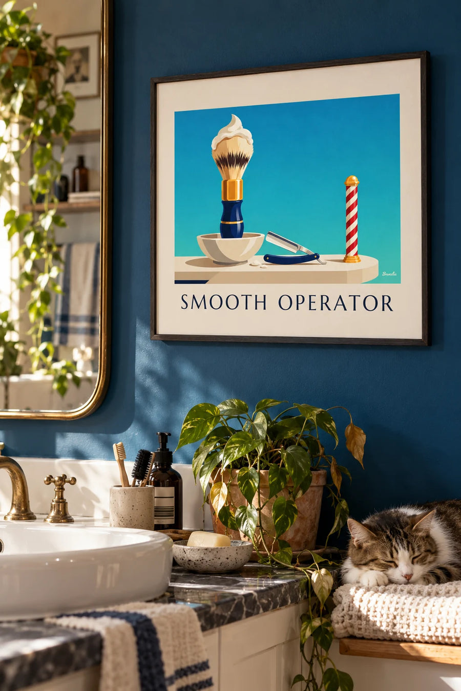Poster of a shaving brush and a bowl of shaving foam with a straight razor: framed on the wall