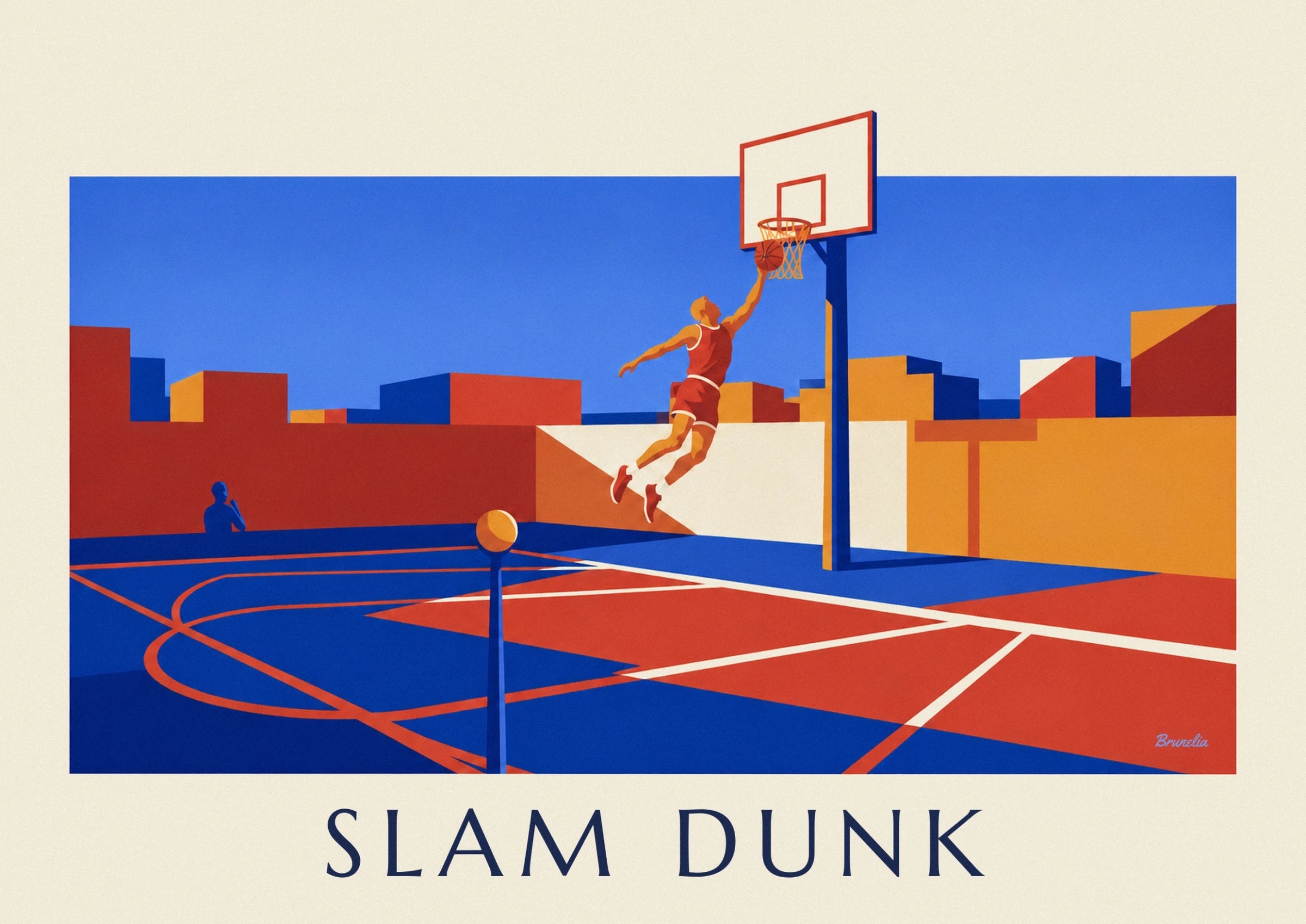 The basketball player in red leaps towards the hoop, holding the ball at arm’s length