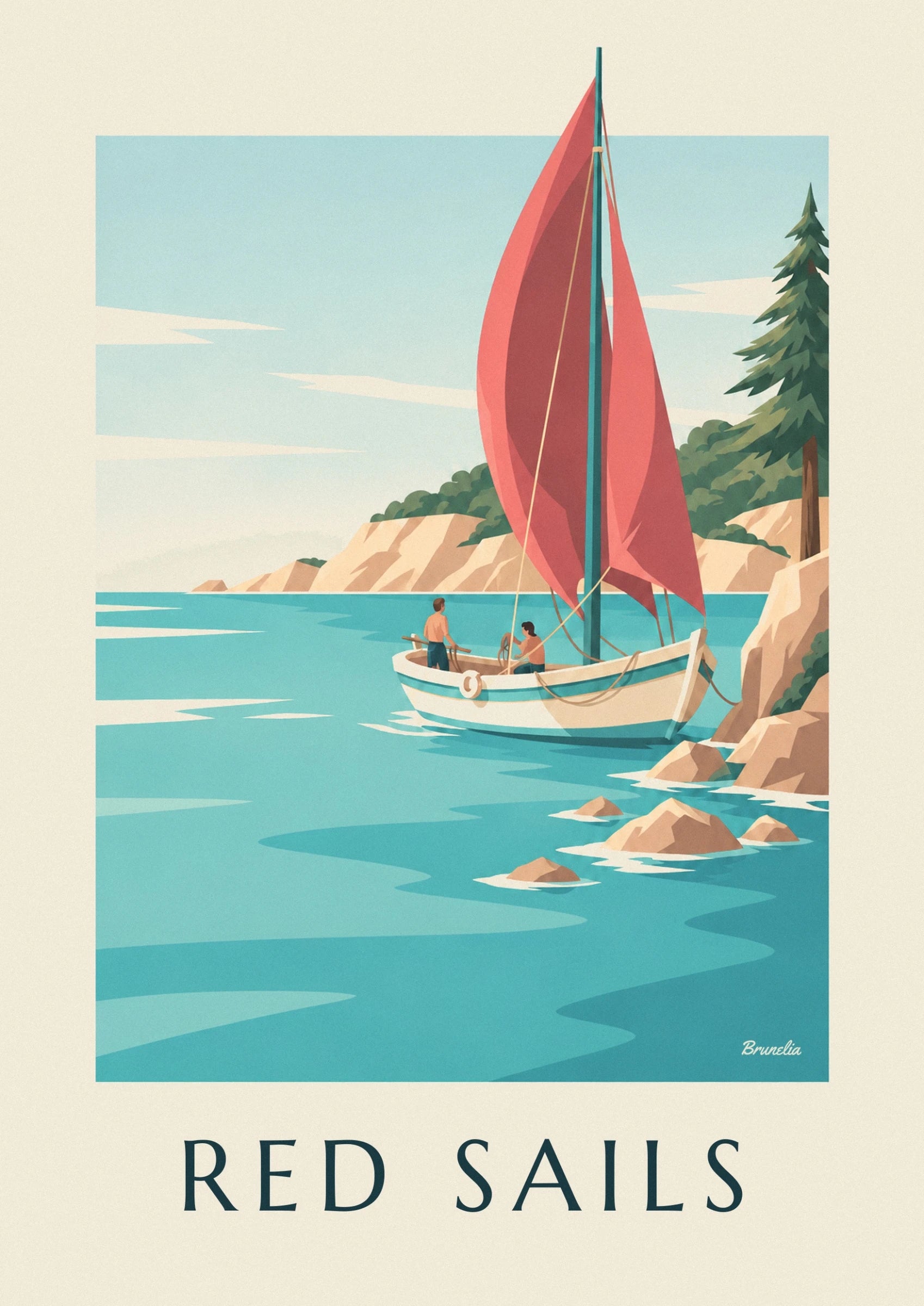 Les 2 voiles latines rouges sur leur mât turquoise, devant la crique de pins et de roches