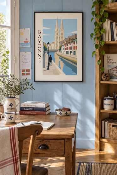 Poster of Basque houses and the quays of the Nive in Bayonne: framed on the wall