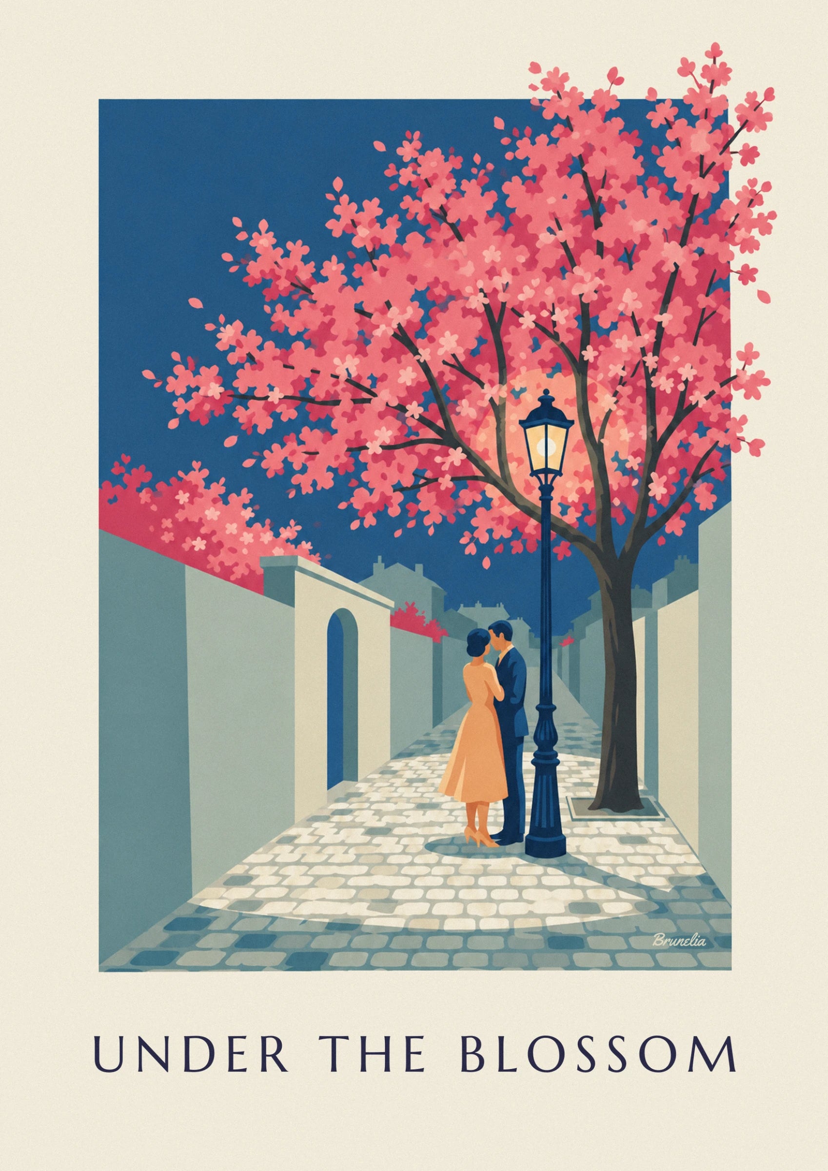 Le couple enlacé sous le lampadaire bleu, elle en robe orange, sur les pavés