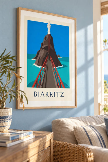 Poster of the Rocher de la Vierge footbridge in Biarritz: framed on the wall