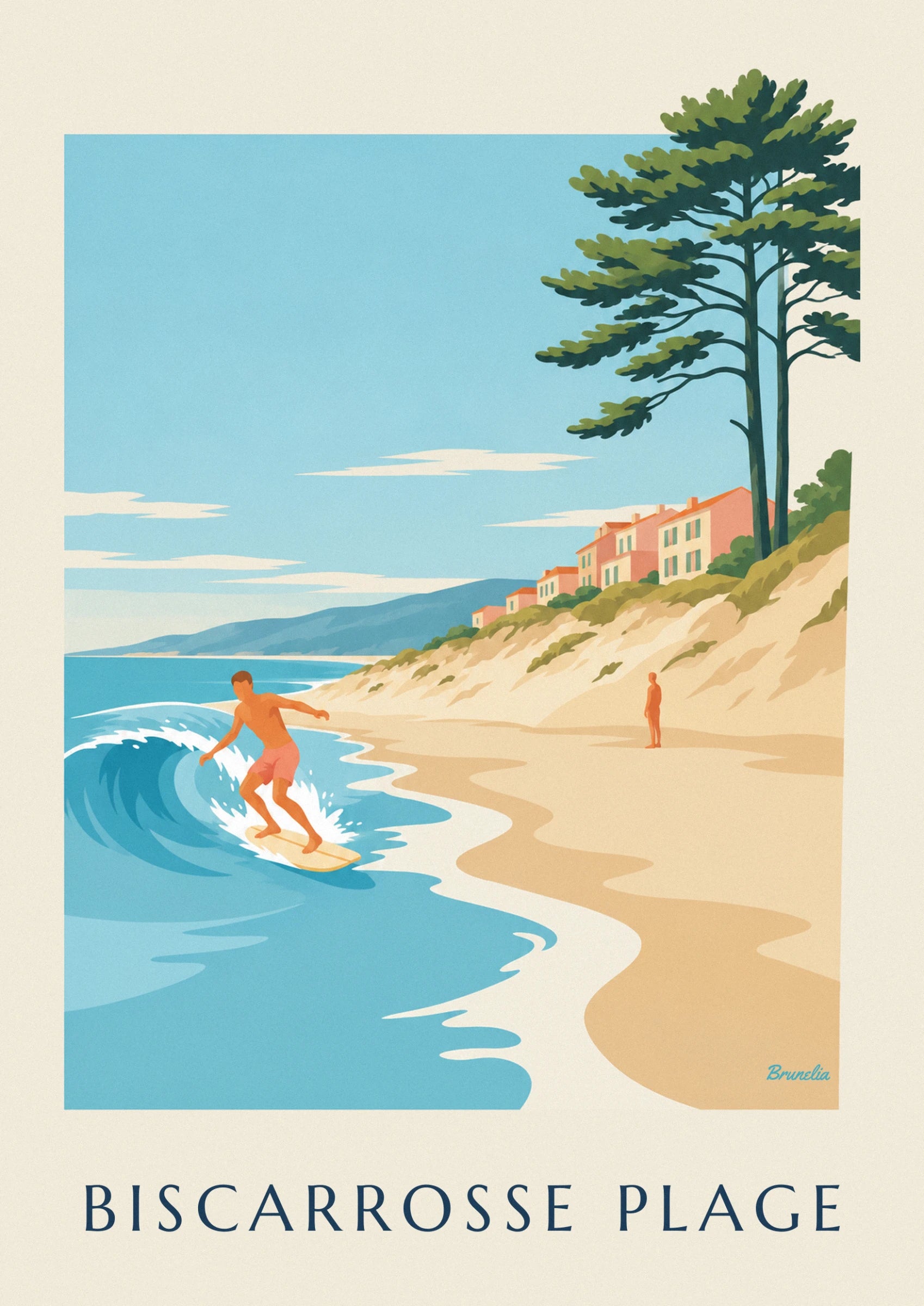 The surfer in coral shorts on his yellow board, in the hollow of the turquoise wave