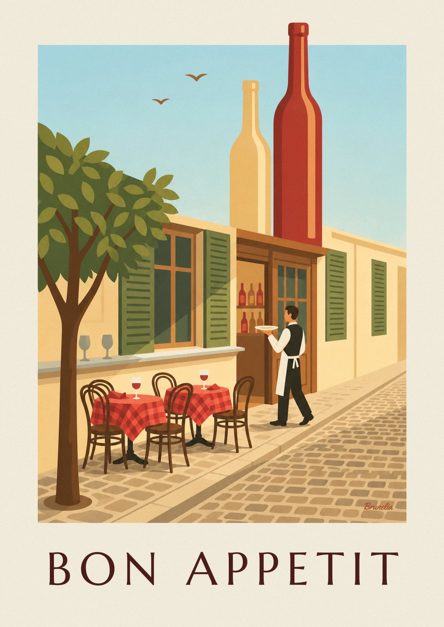 Le serveur en gilet noir et tablier blanc portant une assiette devant le comptoir, sur le trottoir pavé