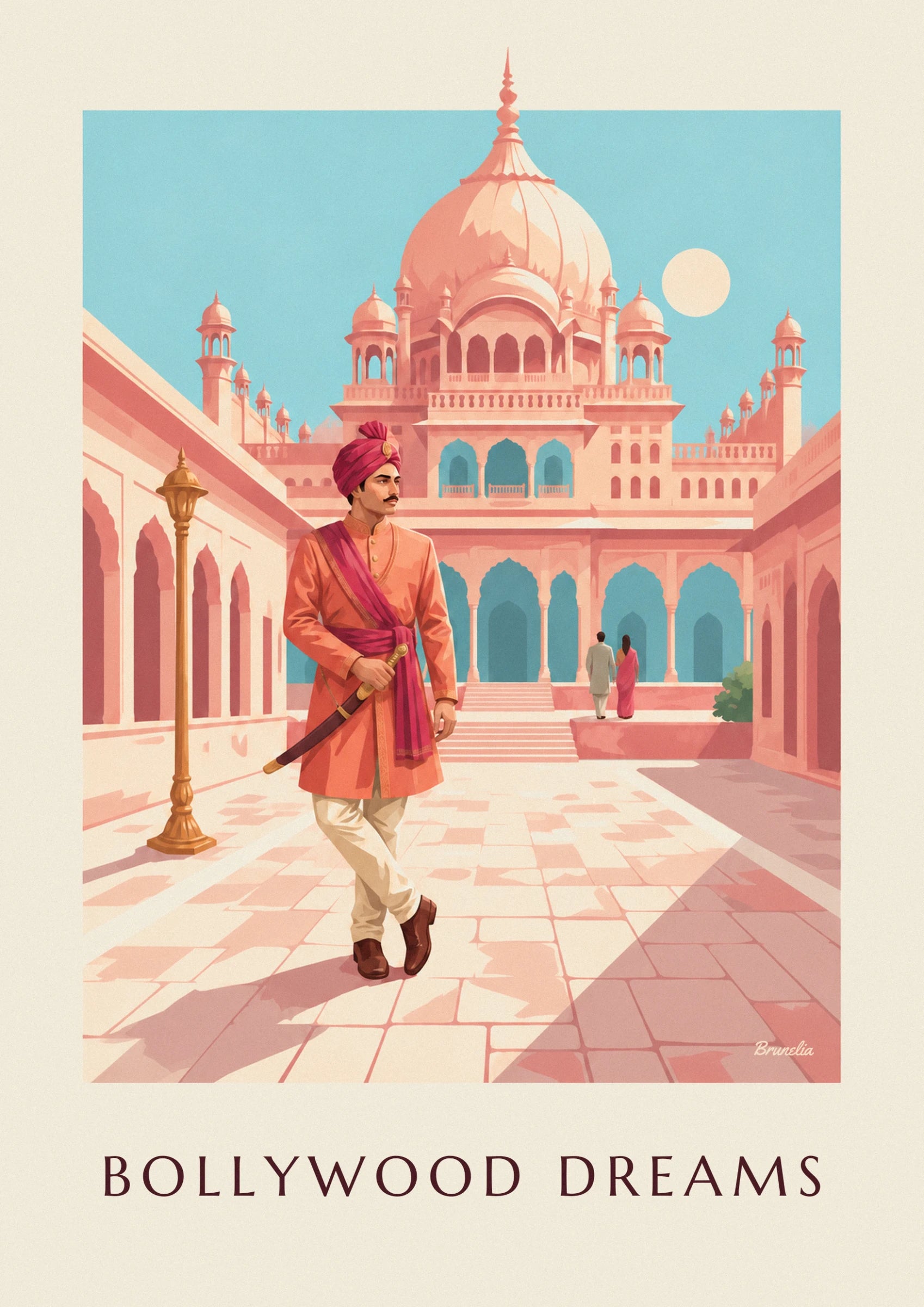 Le héros moustachu en turban rose et veste orange, sabre à la main, dans la cour du palais