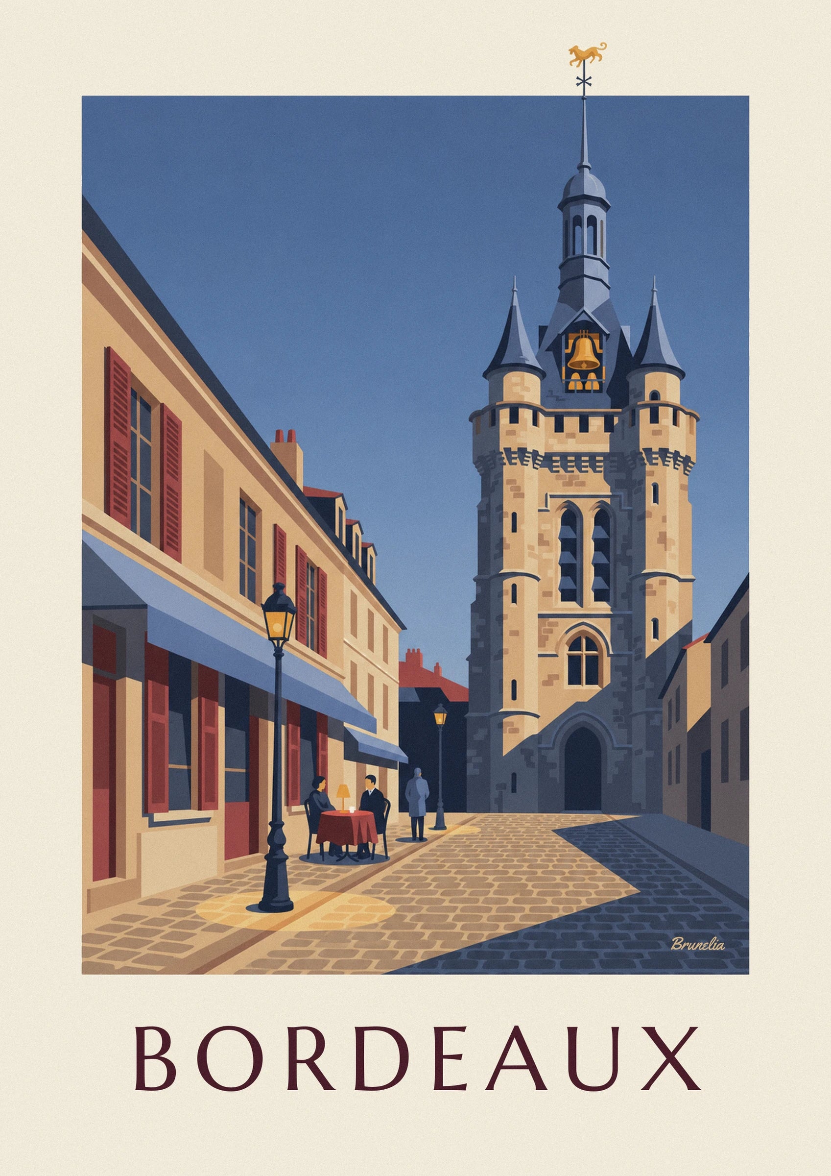 The golden stone tower, its 3 bronze bells and 2 pointed turrets beneath a blue sky