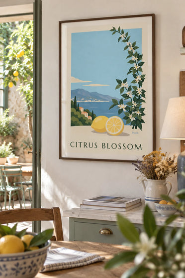 Poster of a lemon, a half lemon and white lemon blossoms: framed on the wall
