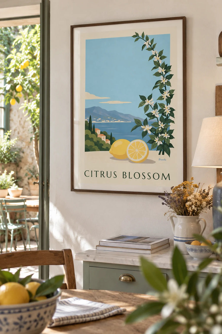Affiche citron, demi-citron et fleurs blanches de citronnier : encadrée au mur