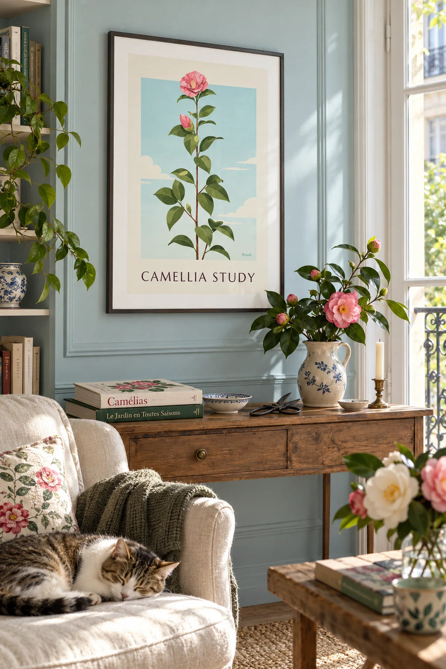 Affiche planche botanique de camélia rose en fleur : encadrée au mur