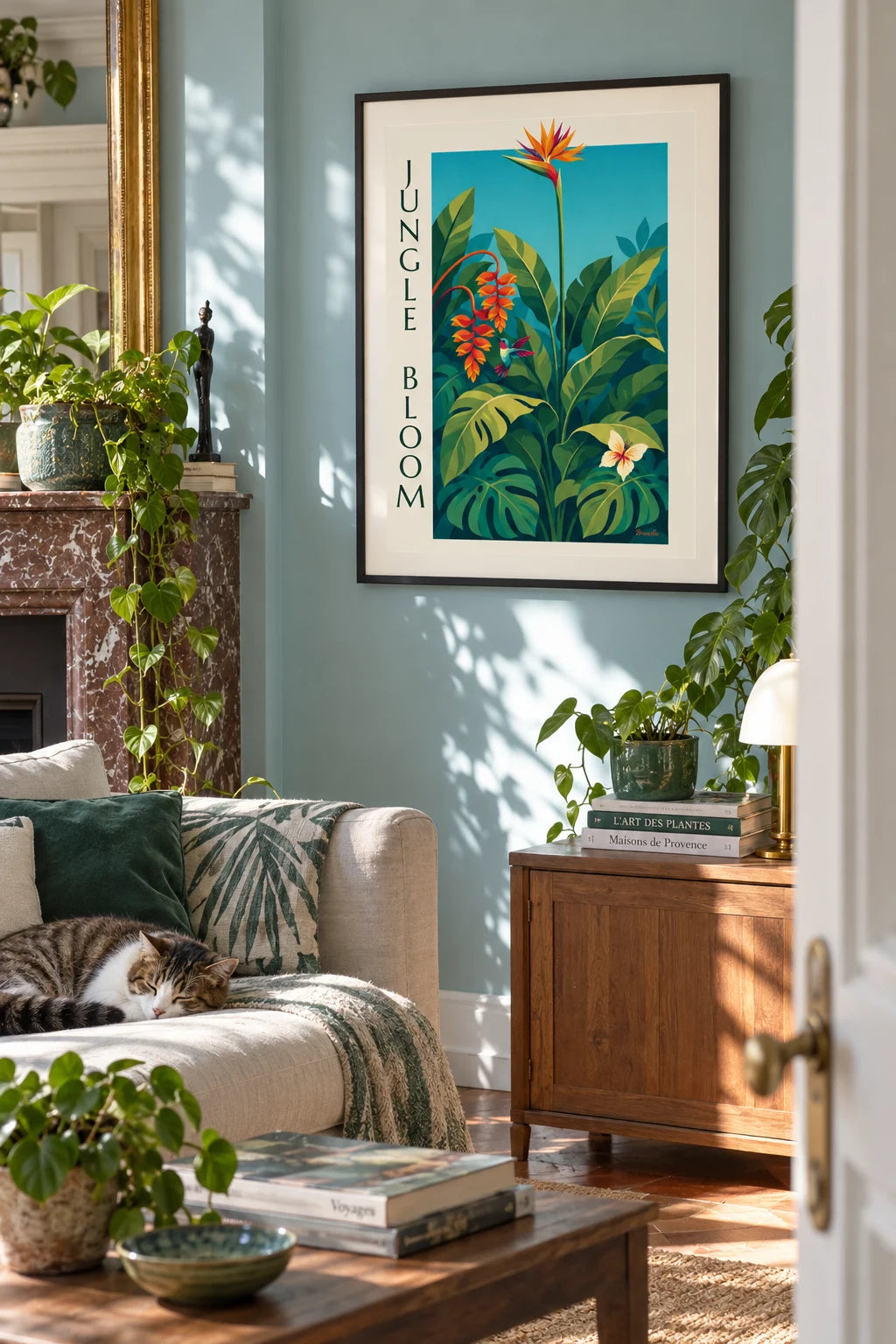Tropical jungle, exotic flowers and hummingbird poster on the wall