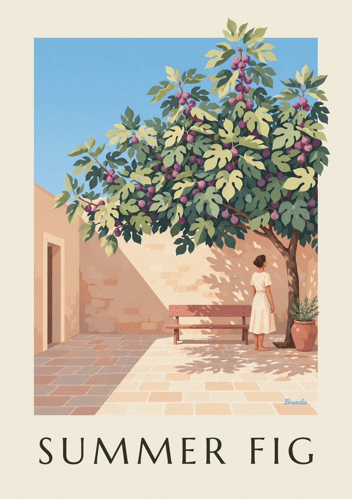 Fig tree laden with purple figs in a stone courtyard poster
