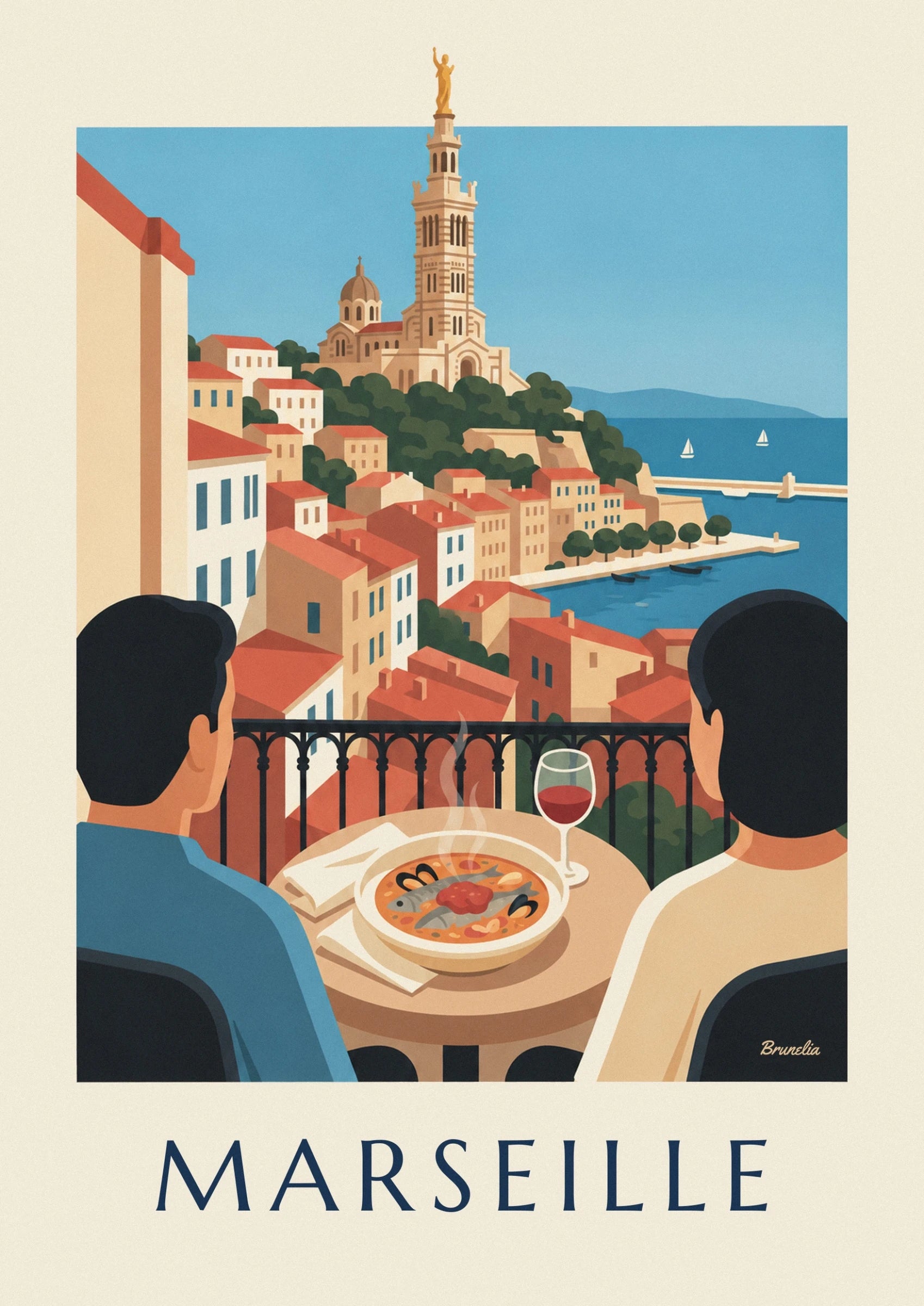 Steaming bouillabaisse with fish and mussels beside a glass of red wine