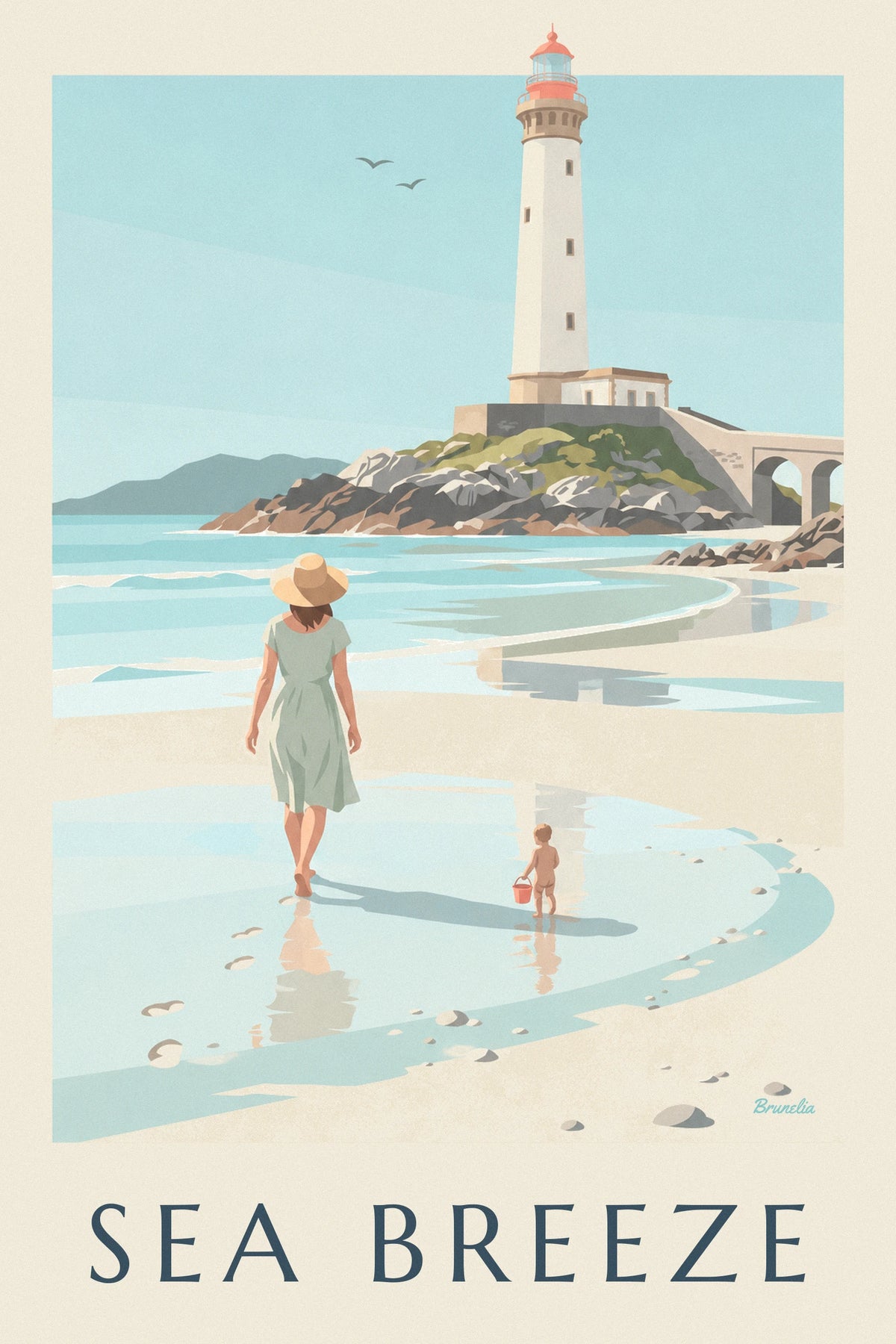 Mother and child at Petit Minou beach lighthouse poster
