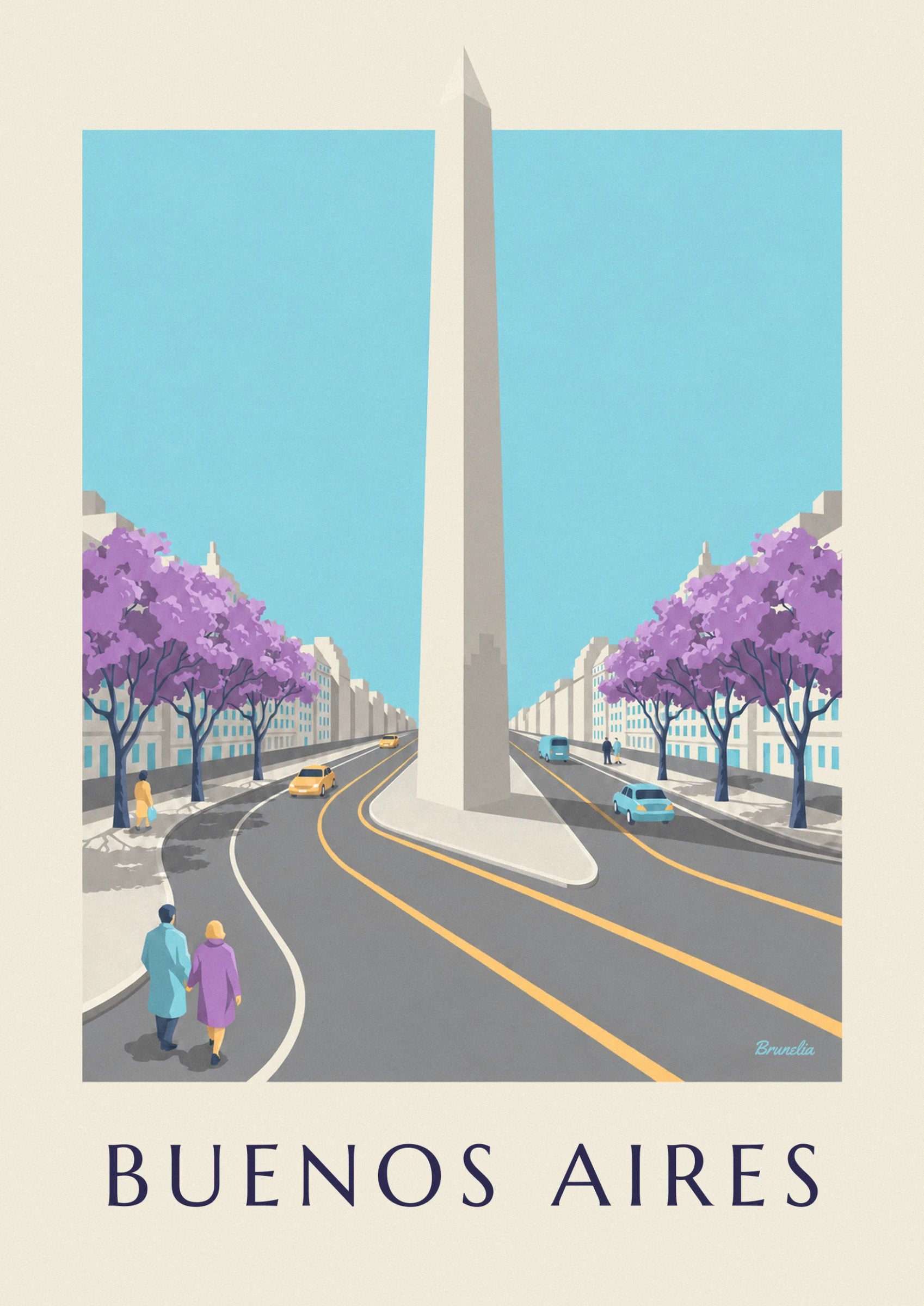 The obelisk rising from its traffic island between yellow taxis and a flowering jacaranda