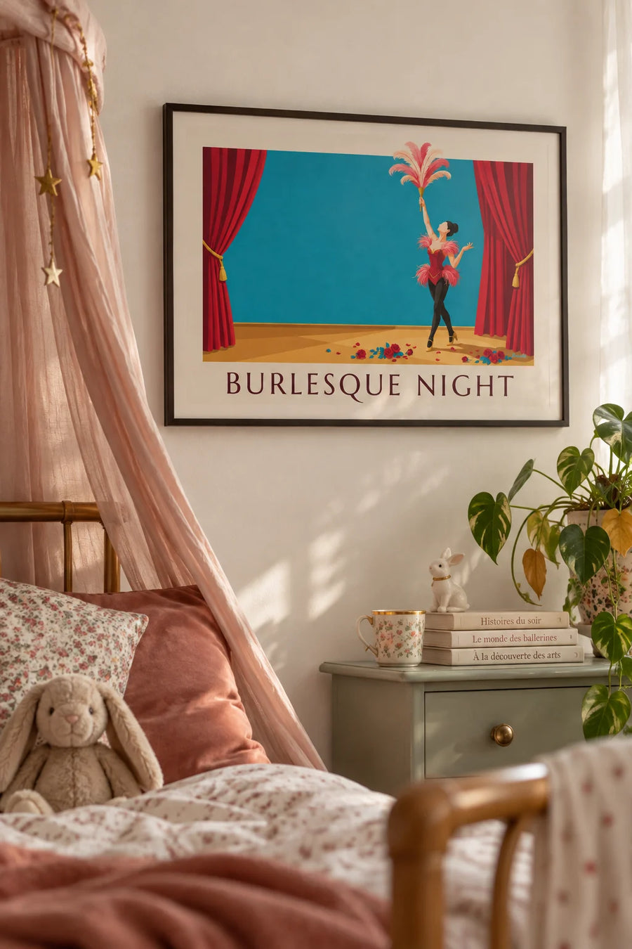 Poster of a burlesque cabaret dancer in a corset and feathers: framed on the wall