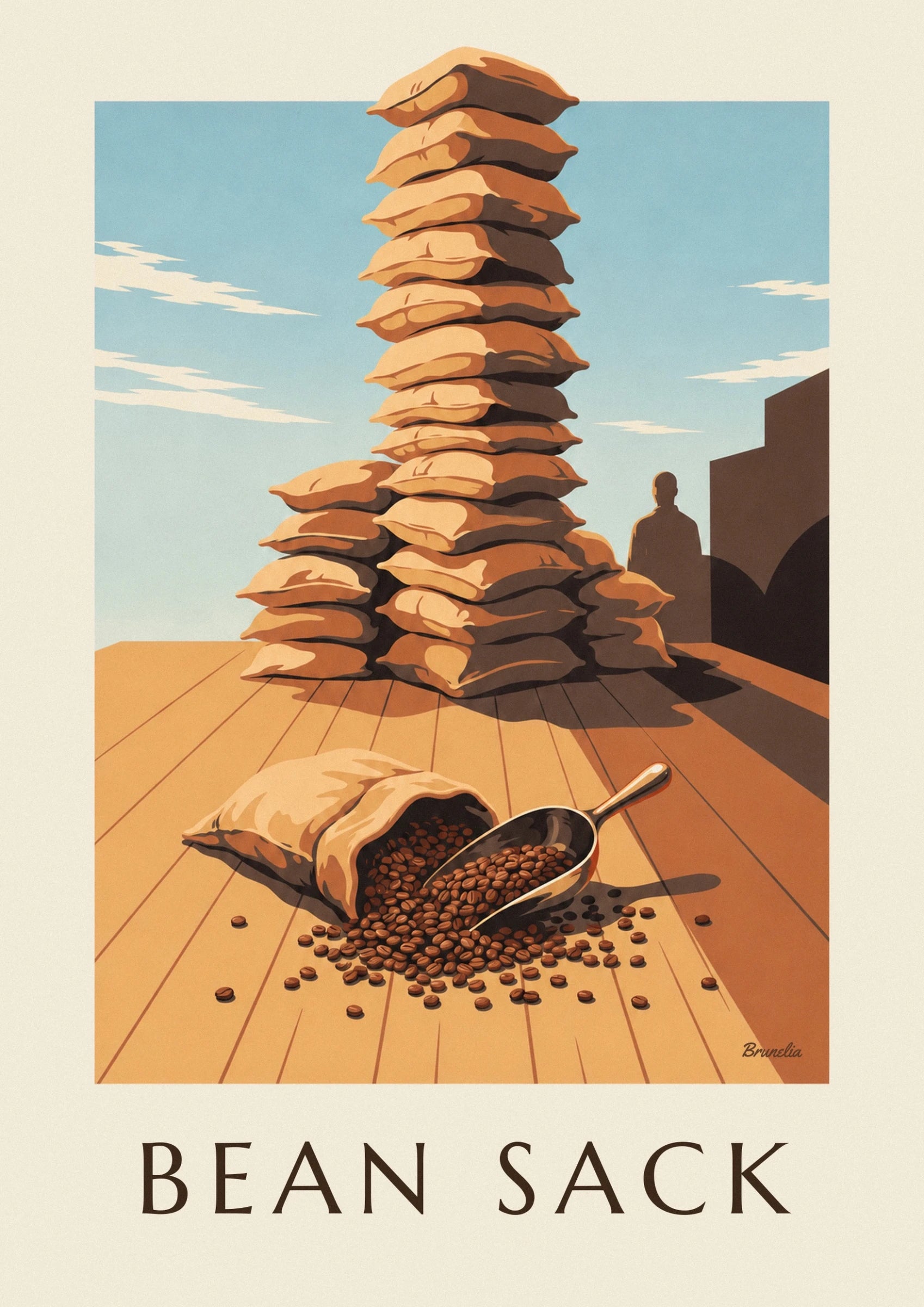 A tall pile of ochre hessian sacks with brown folds against a light blue background