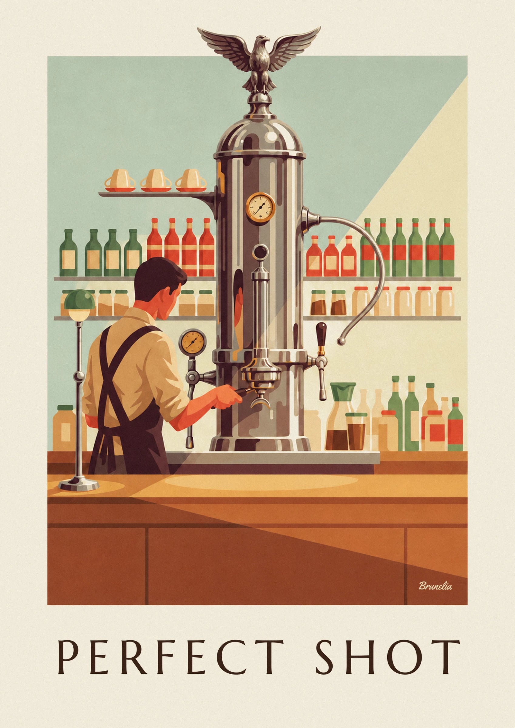 The barista in a brown apron seen from behind, his hand on the machine's lever, facing the golden pressure gauge