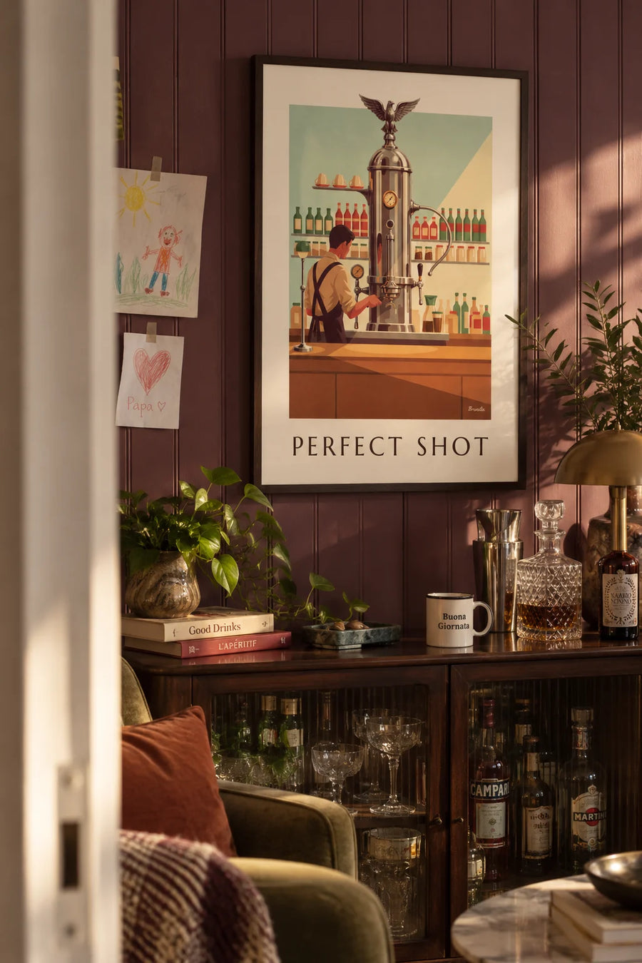 Poster of a lever espresso machine on an Italian counter: framed on the wall