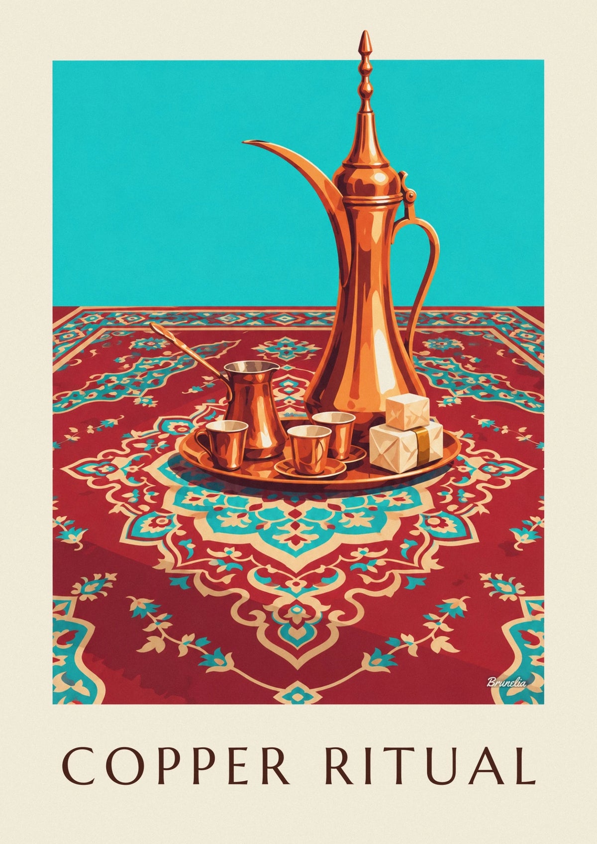 Hammered copper Turkish coffee set and Turkish delight poster